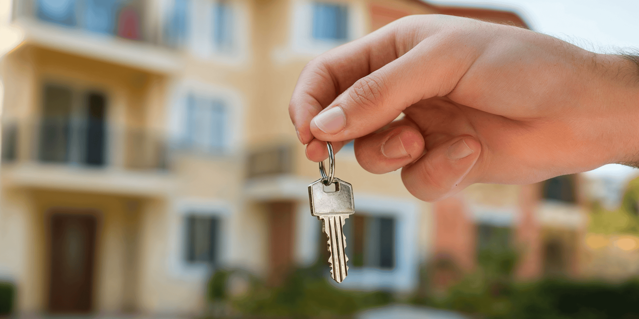 Close-up of a hand holding a key in front of a vacation rental, signifying new beginnings and exciting stays.