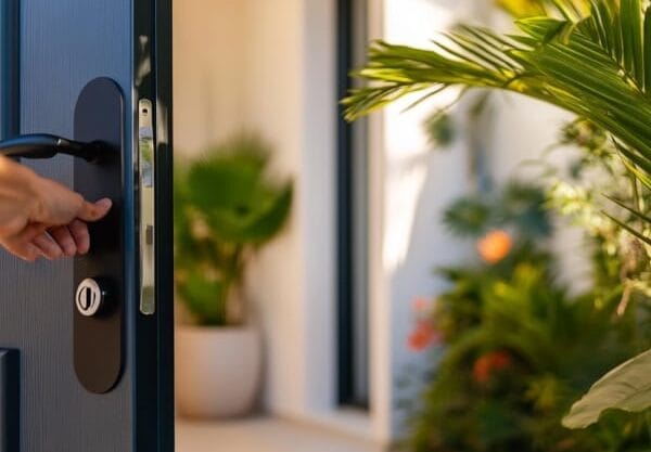 Close-up of hand opening a modern door with lush tropical plants in the background, inviting Spanish property entrance.