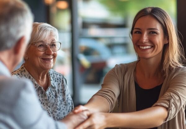 Smiling real estate agent from Sunny Casas real estate shaking hands with senior clients in a bright, modern office setting.