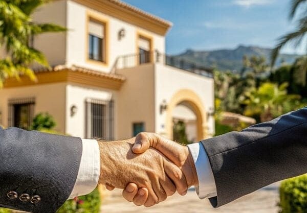 Handshake between property seller and property buyer in front of a luxury villa, symbolizing a successful real estate deal.