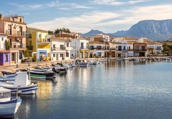 Scenic coastal Spanish village with colorful houses, boats docked on calm waters, and mountains in the background.