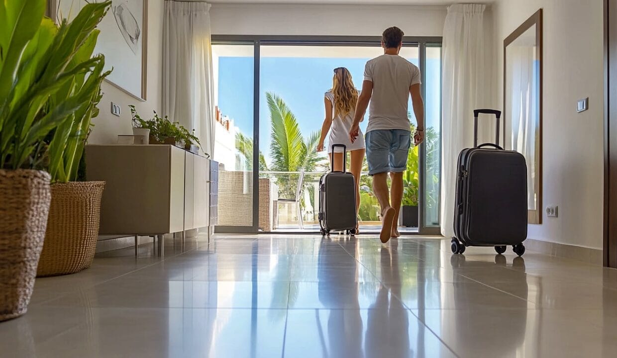 Couple exiting their modern vacation rental, pulling suitcases toward the sunny balcony surrounded by tropical greenery.