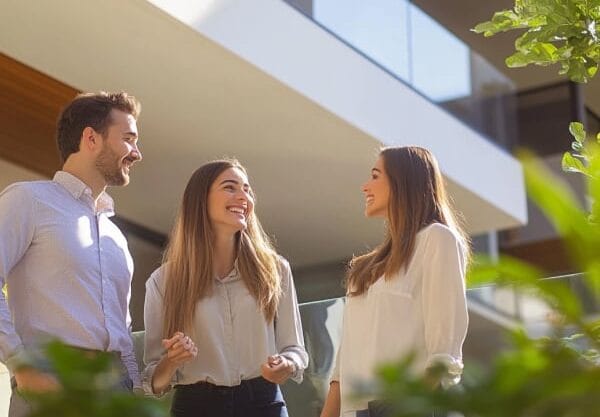 Spanish real estate agent talking with happy clients outside a modern luxury home, showcasing customer satisfaction