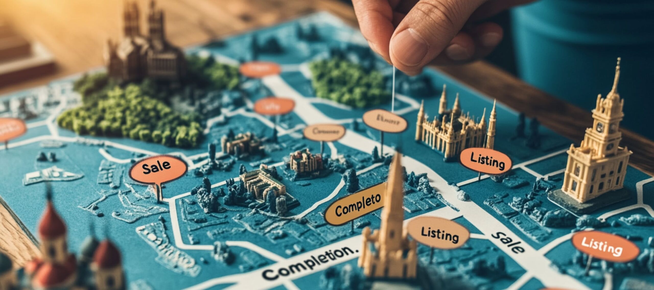 Hand placing pins on a miniature map with labels like 'Sale' and 'Listing,' symbolizing real estate strategy.