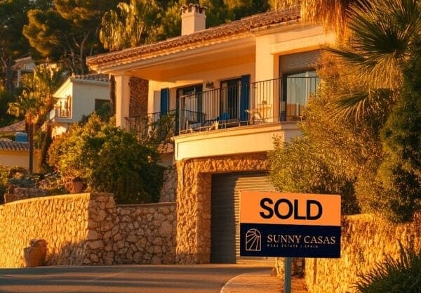 Charming Mediterranean villa with 'Sold' sign by Sunny Casas Real Estate during golden hour.