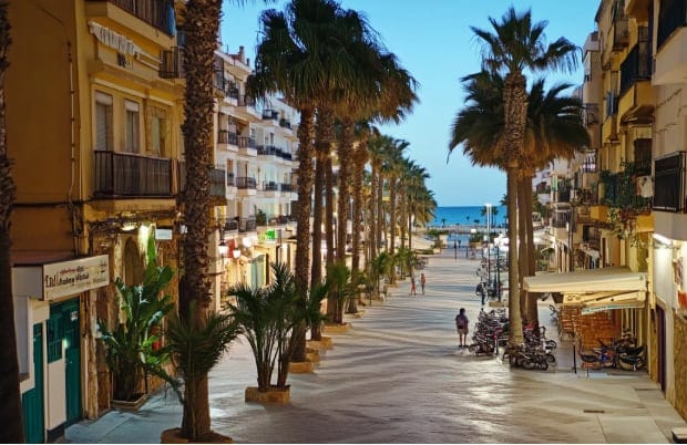 Scenic Torrevieja promenade with palm trees, shops, and an evening glow, leading to the beautiful coastline and sea.