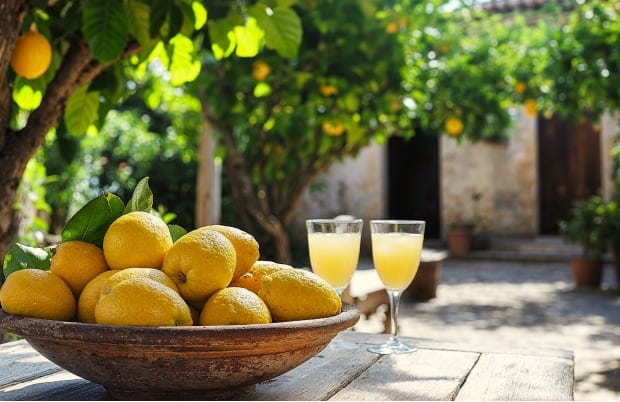 Vibrant lemons in a bowl with refreshing lemon drinks, set in a sunny garden with lemon trees in picturesque Benijófar.