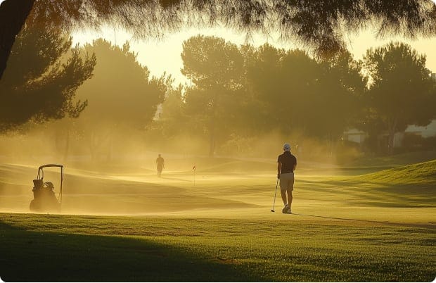 Misty morning at a golf course in Algorfa, with two golfers in the serene landscape surrounded by trees and tranquility.