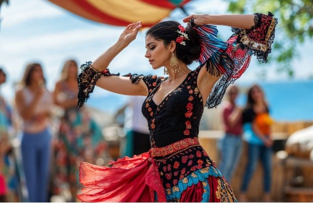 Vibrant dancer in traditional attire performing at an outdoor festival in Pilar de la Horadada, surrounded by an engaged audience.