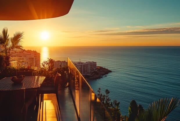 Sunset view from balcony over calm ocean, serene and scenic in a recently bought property in Spain | SunnyCasas