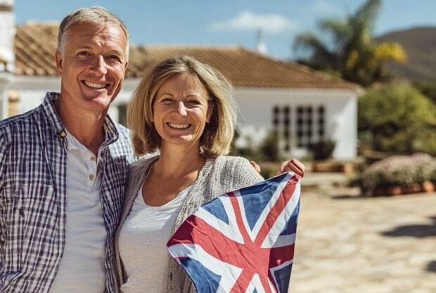Smiling couple holding UK flag recently bought a Spanish holiday home on the background on a sunny day | SunnyCasas