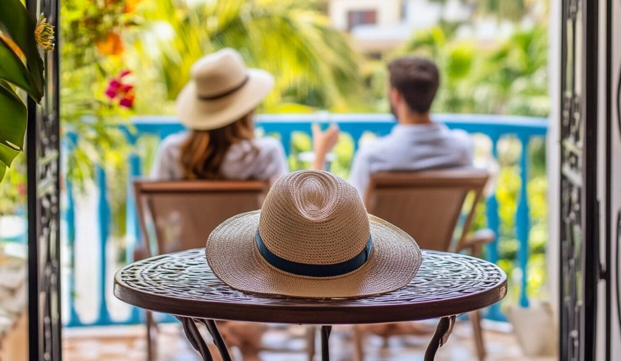Couple relaxing on a balcony with tropical views, featuring a stylish hat on a table, creating a laid-back vacation vibe.