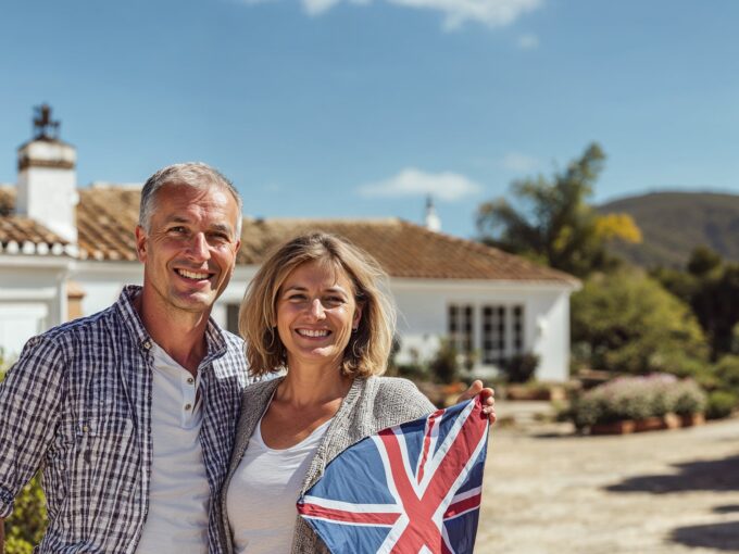Smiling couple holding a UK flag in front of a Mediterranean-style house with mountains and blue sky | SunnyCasas